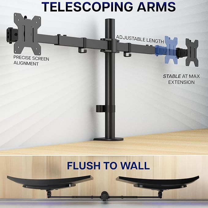 VIVO Premium Dual Ultra Wide LCD LED 27 to 38 inch Monitor Desk Mount, Heavy Duty, Adjustable Telescoping Arms, Flush Wall Setup, Fits 2 Screens, Black, STAND-TS38C