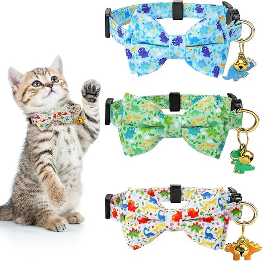 3 PCS Cat Collars with Bow Tie and Bell, Cat Collars Dinosaurs Pattern Breakaway Adjustable Cat Bow Tie Collars, Cute Bow Tie Suitable for Kittens Or Certain Puppies