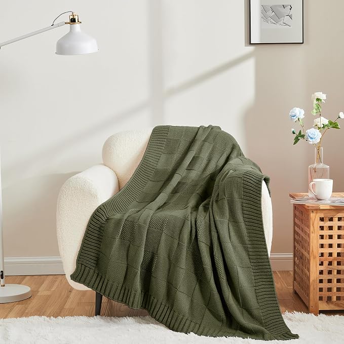 CozeCube Olive Green Knitted Checkered Throw Blanket 50"X60" | Check Knit Throw for Couch, Decorative Christmas Soft Cozy Warm Blanket for Bed Sofa Living Room
