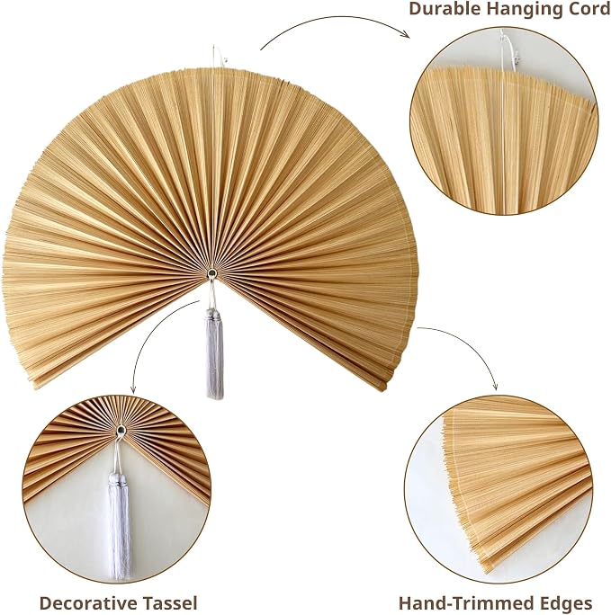 ChumDecor Bamboo Fan Wall Decor, Japanese Wall Fan Decoration, Ivory 60 in | Giant Oversized Oriental and Asian Style Hanging Decoration for Above the Bed Headboard or a Tall Stairwell Landing