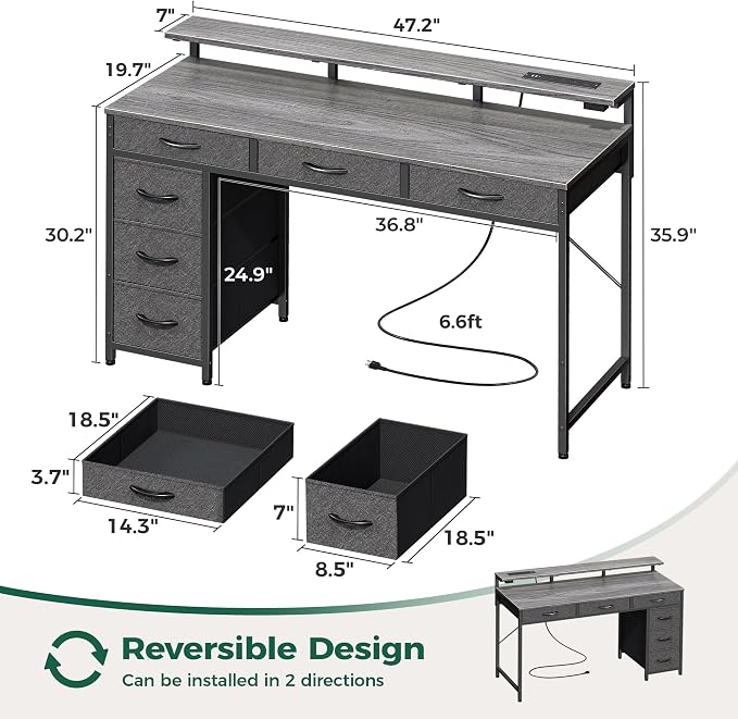 Huuger Gaming Desk with 6 Drawers, Computer Desk with LED Lights Power Outlets and Type-C, 47 Inch Office Desk with Storage, Monitor Stand, Writing Work Desk Home Office, Bedroom, Study, Grey