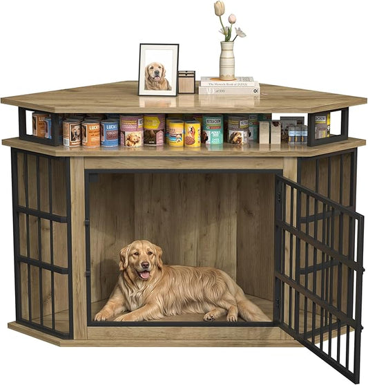 51" Corner Dog Crate Furniture, Wooden Dog Kennel Furniture with 2-Tier Shelves, Decorative Wood Dog House for Small/Medium/Large Dog, Space-Saving Dog Cage for TV Stand（Oak）