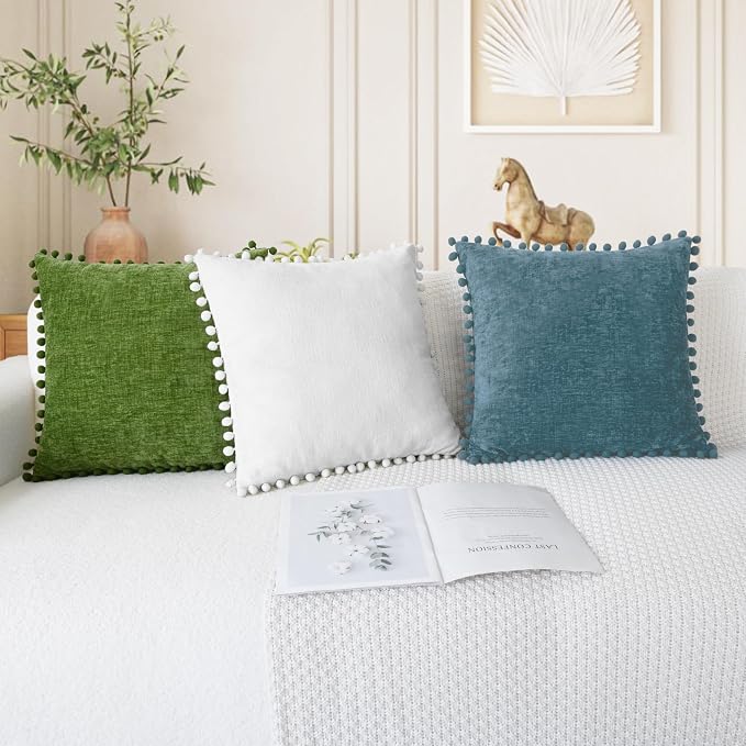 CaliTime Decorative Couch Throw Pillow Covers 20 X 20 Inches True White | Pack of 2, Cozy Chenille Cushion Cases, with Pom Poms for Sofa Bed Living Room Farmhouse Home