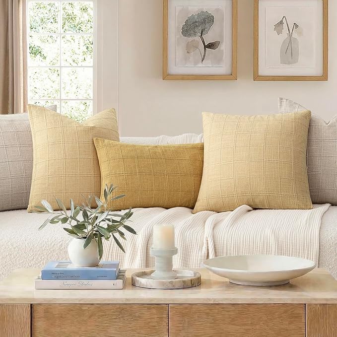 Foindtower Set of 2 Decorative Linen Check Throw Pillow Covers Neutral Farmhouse Vintage Cushion Covers Modern Coastal Boho Home Decor for Sofa Chair Couch Bedroom Living Room,26×26 Inch,Light Yellow