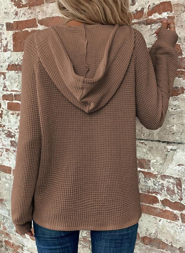 Dokotoo Hoodies for Women Waffle Knit Long Sleeve Drawstring Button V Neck Casual Sweatshirt Hooded Tops Fashion Clothing