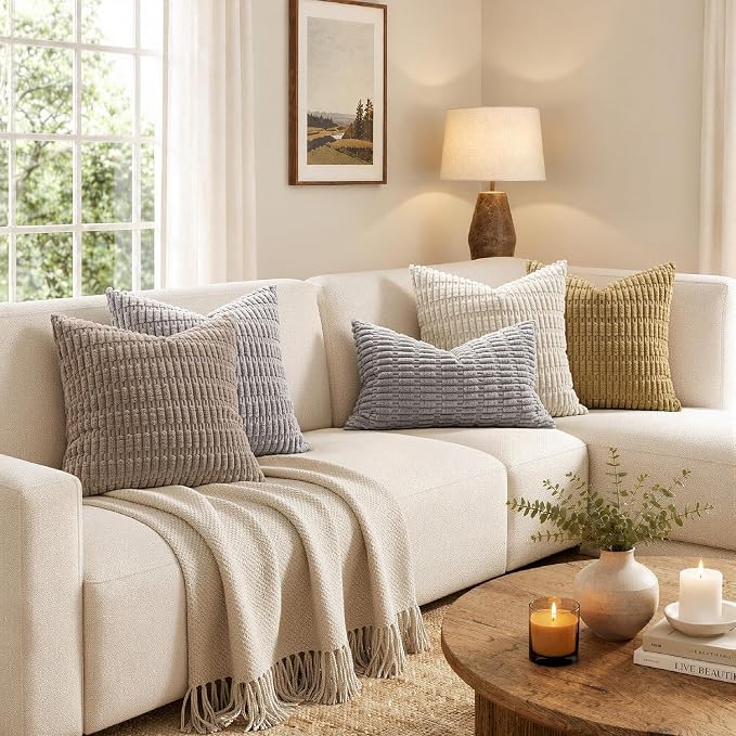 MIULEE Pack of 2 Corduroy Decorative Throw Pillow Covers 18x18 Inch Soft Boho Striped Pillow Covers Modern Farmhouse Home Decor for Sofa Living Room Couch Bed Light Grey