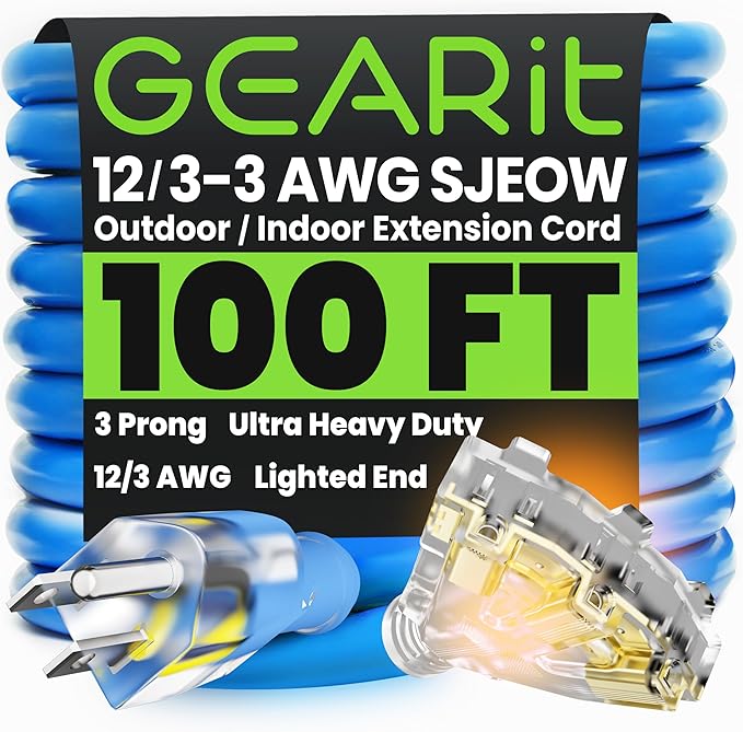 GEARit 100 Ft Extension Cords 12/3 Gauge Outdoor/Indoor Triple Outlet SJEOW 12 AWG 3 Prong Heavy Duty Power Cable 15A 125V 1875W for Lawn, Garden, Appliances Blue