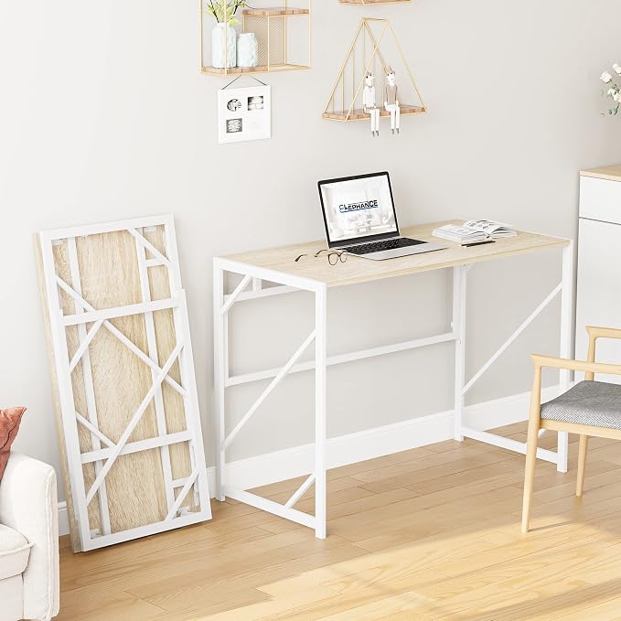 Elephance Folding Desk Writing Computer Desk for Home Office No-Assembly | Study Office Desk,Foldable Table for Small Spaces,39.4 Inch,Beige