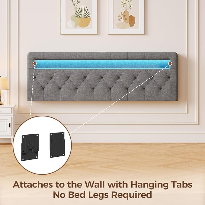 GREENSTELL Headboard for Full Size Bed with 60,000 DIY Color of LED Light, USB & Type C Post, Upholstered, Height Adjustable, Sturdy, Easy Assembly, Wall Mounted Head Boards Only, Gray