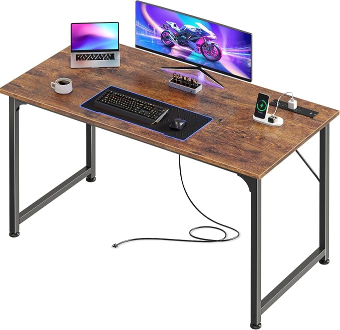 PRAISUN 40 X 20 Inch Computer Desk, Power Outlets, USB-C, Rustic Brown | Office Desk with 4 AC Outlets, USB & USB-C, Sturdy Metal Frame, Spacious Desktop for Work, Writing, Study & Gaming