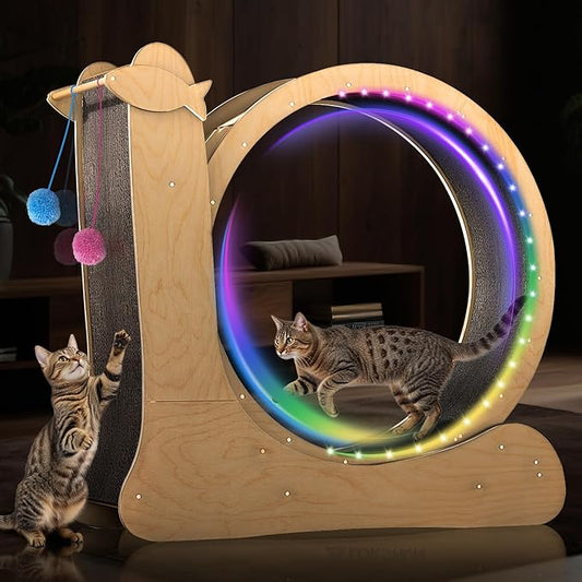 Cat Wheel,LED Cat Wheels for Indoor Cats Fitness,DIY Rainbow Runs,Solid Wood Exercise Wheel Running Treadmill with Color-Changing Light Strips,Scratch Pad and Brake