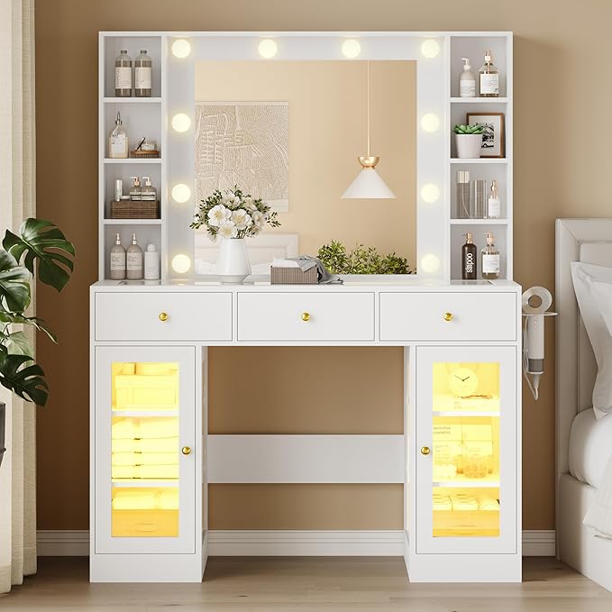 Makeup Vanity Desk with Mirror and Lights, Glass Top Vanity Table Set with Drawers & Power Outlet, Large Dressing Table with 3 Color Lighting Modes & RGB Cabinets for Women Girls Kids Bedroom, White