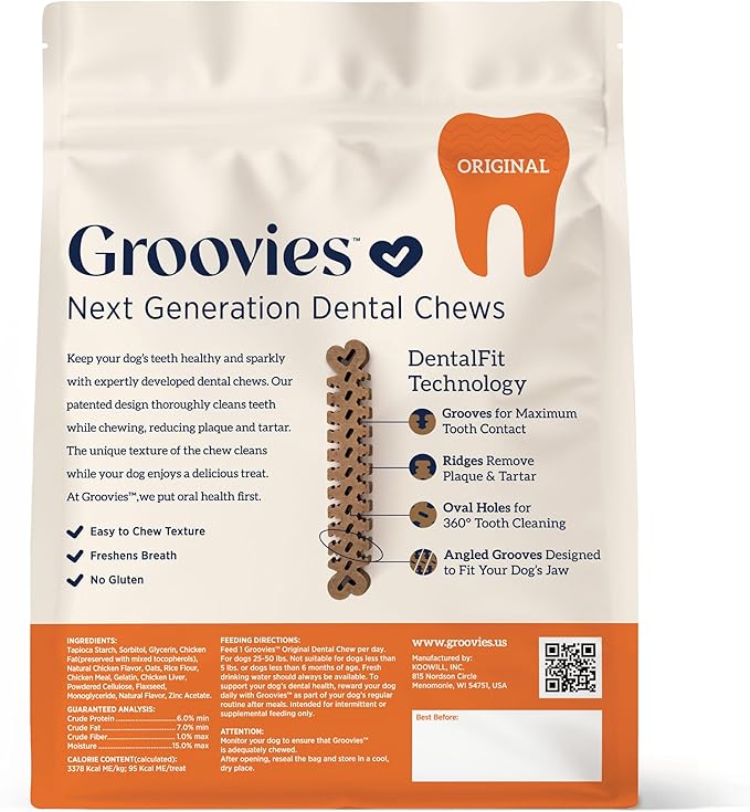 Groovies Flexible Dog Dental Chews with Patented DentalFit Technology to Help Support Tartar Control & Fresh Breath, Large Dog Chews for 25-50 lb Dogs, USA Manufactured Oral Care, 12 Chews