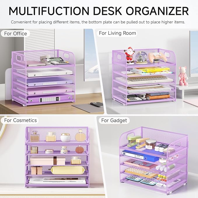 Lavatino Desk Letter Tray Paper Organizer, 5-Tier with Handle Metal Mesh Desktop File Organizer Paper Holder for Classroom Office Desk Accessories- Purple