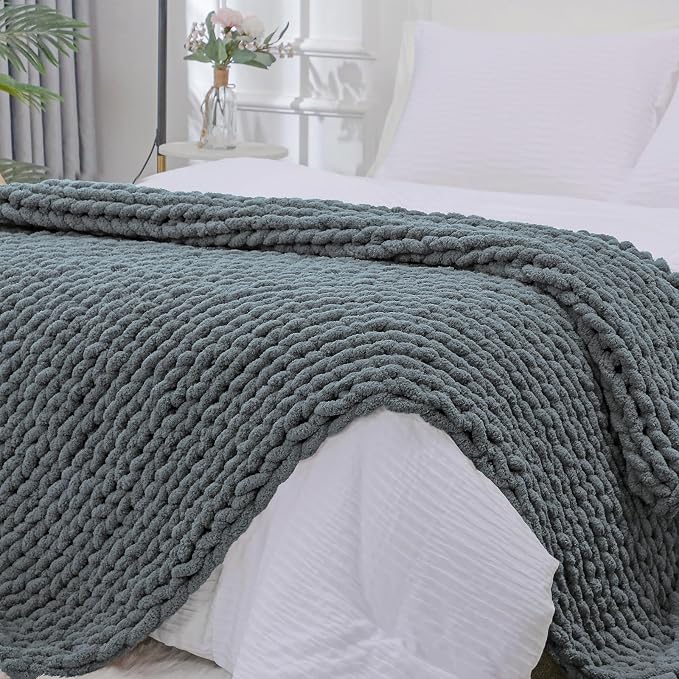 Bigacogo Chunky Knit Throw Blanket for Couch, 40x80 inches, Iron Gray | Hand Knit with Jumbo Chenille, Soft Breathable Cable Knit for Sofa Bed Living Room, Machine Washable, Gift for Mom Friend