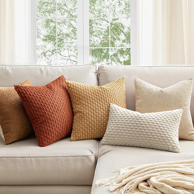 MIULEE Lumbar Fall Decorative Throw Pillow Covers 12x20 Rust Corduroy | Terracotta Textured Striped Pack of 2 Striped Pillow Covers Modern Farmhouse Autumn Home Decor for Couch Bed Sofa Living Room