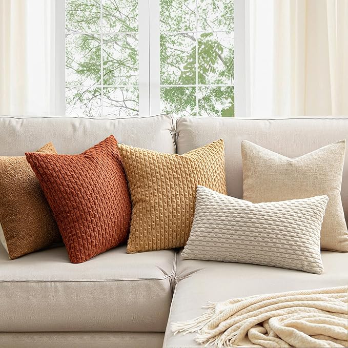 MIULEE Euro Sham Fall Decorative Throw Pillow Covers 24x24 Rust Corduroy | Terracotta Textured Striped Pack of 2 Striped Pillow Covers Modern Farmhouse Autumn Home Decor for Couch Bed Sofa Living Room