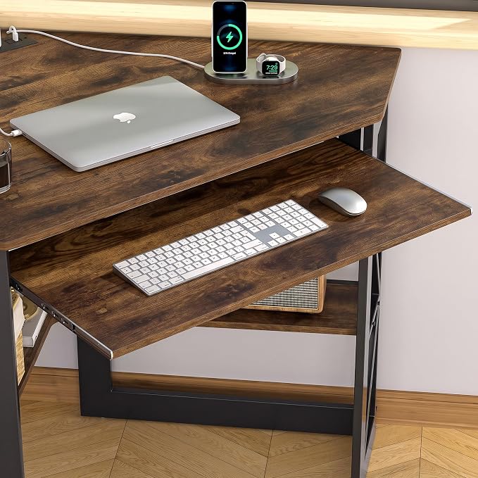 VECELO Corner Desk, Triangle Computer Desk for Small Space with Charging Station and Keyboard Tray, Corner Makeup Table with Storage Shelves for Home Office Bedroom, 41x30, Vintage Brown