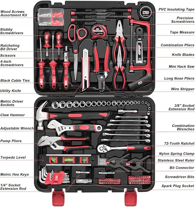 Prostormer 259-Piece Tool Kit, General Household Hand Tool Set with Plastic Storage Toolbox, Portable Complete Repair Tool Box for Home and Car (Red)