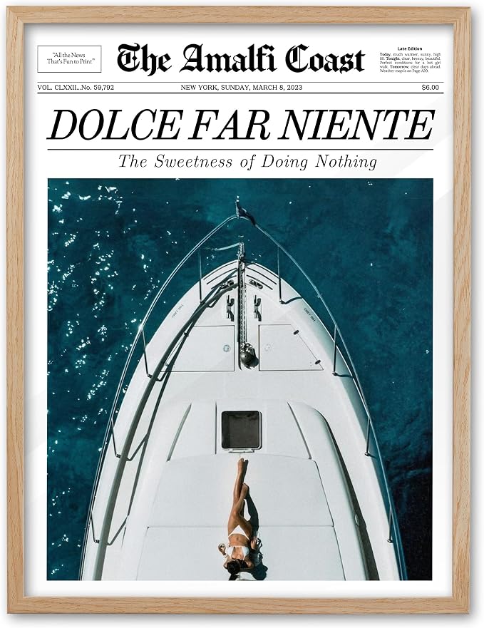 EcoHest 12x16 in Dolce Far Niente Newspaper Framed Wall Art | Natural Oak Wood Frame, Canvas Wall Art, Italian Summer Newspaper Decor for Living Room, Bedroom, Apartment, Dorm Room, 1Pack