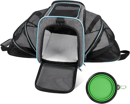 Airline Approved Pet Carrier for Cat - 17 * 11 * 11 Expandable Soft Side Pet Carrier, Collapsible Pet Travel Bag Carrier with Foldable Pet Bowl for Cat Small Animals Under 14LB