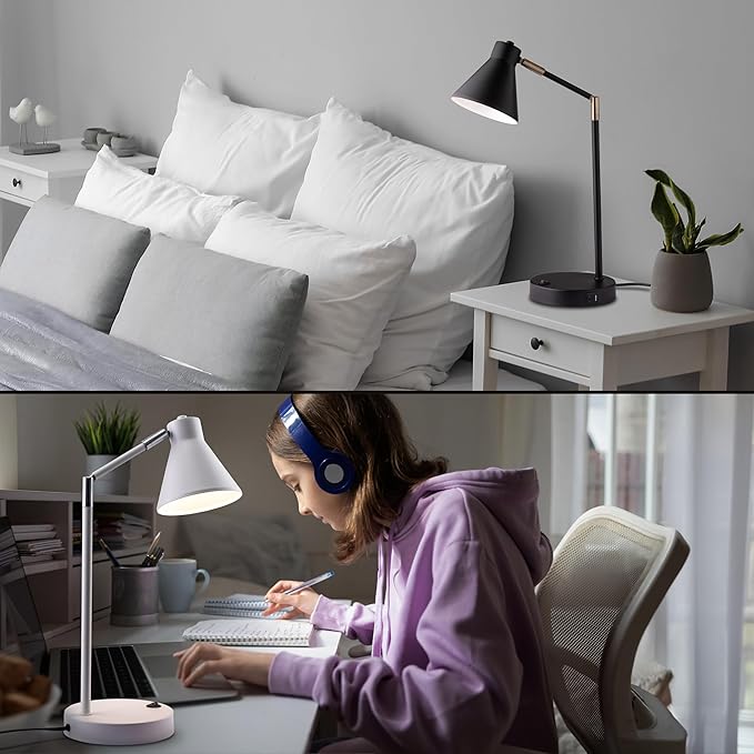 O'Bright Astrum - LED Desk Lamp with Dual USB Charging Ports, 100% Metal, 270 Degree Swivel Arms, Soft White Light (3000K), Bedside & Home Office Table Lamp, ETL Listed, White