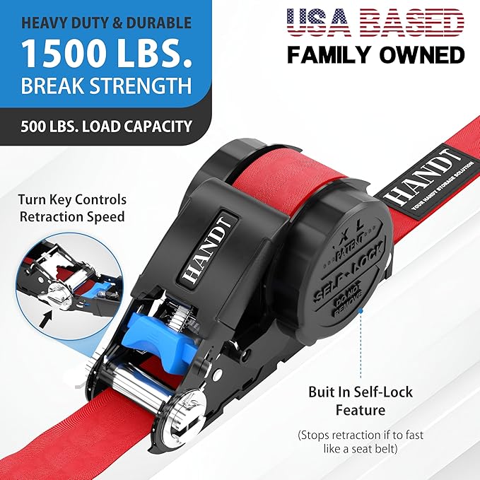 USA Based Retractable Ratchet Straps (2PK) 1in x 16ft - 1,500lb Break Strength, Heavy Duty Automatic Ratchet Straps Self Retractable Tie Down, Push Button Retracting Truck Trailer Cargo | Red
