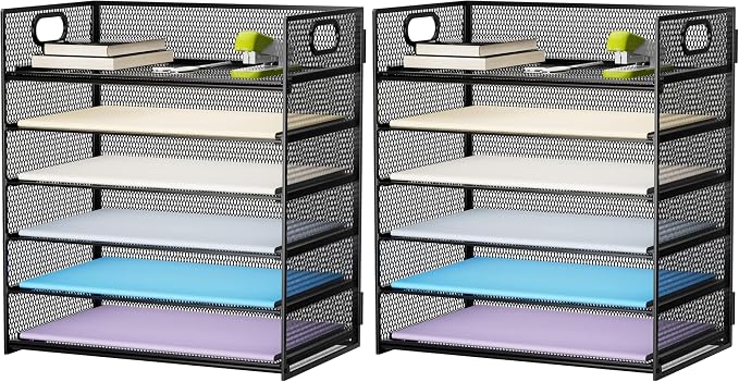 Marbrasse 6 Tier Paper Organizer Letter Tray - Mesh Desk File-Organizer with Handle, Paper Sorter Organizer for Letter/A4 Office File Folder Holder - Black (Pack of 2)