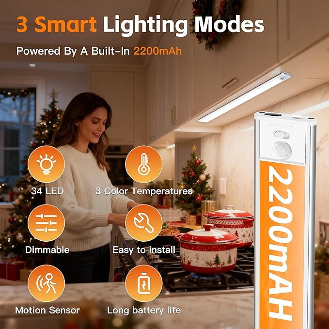 11.8inch Motion Sensor Cabinet Light, 2200mAh 54 LED Beads, USB-C Charging, 3 Color Temperatures, for Long Lasting Durability Easy to Install, Magnetic Under Cabinet Light Suitable for Kitchens(4Pack)