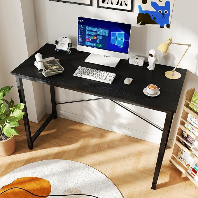 DUMOS 44 in Computer Desk for Home Office, Modern Study Work Table Simple Style for Bedroom, Writing Desks with X-Shaped Reinforcement, Black | Modern Study Writing Work Table, Craft PC Desk Simple Workstation with Reinforcement Structure, Black