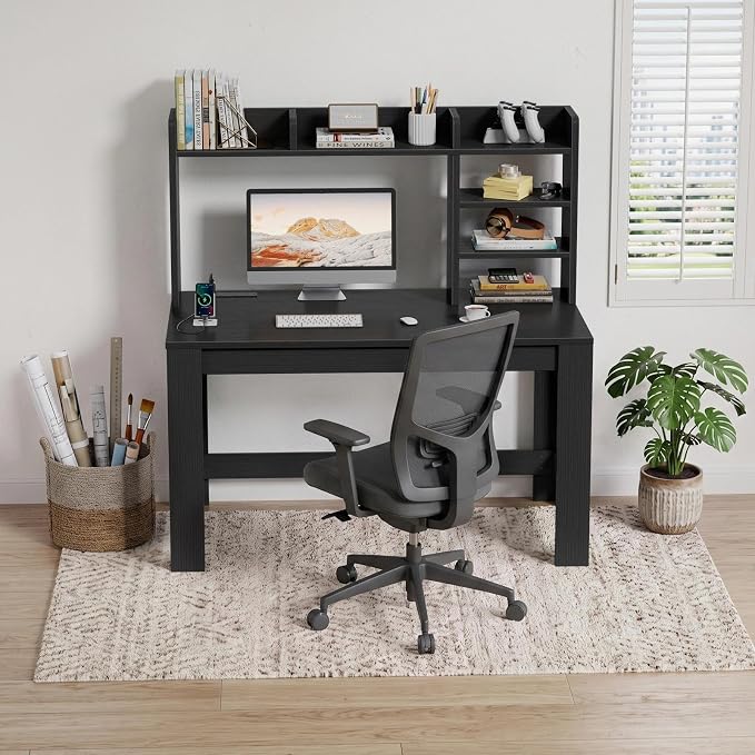 WINAZ 43" Black Gaming Desk with Hutch and Built-in Power Outlet | Modern Computer Desk with 3-Tier Storage Shelves and Hutch, Space-Saving Writing Table for Home Office