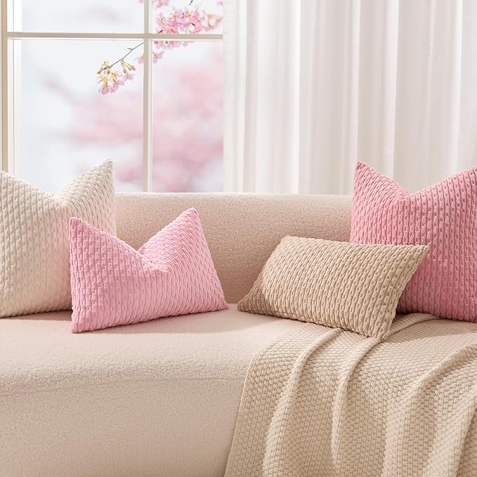 Kevin Textile Soft Corduroy 14"x24" Lumbar Pillow Cover 1 Pack, Pink | Boho Stripe Plush Corduroy Decorative Oblong Cushion Cover Modern Farmhouse Home Decor for Sofa Couch Bed Chair