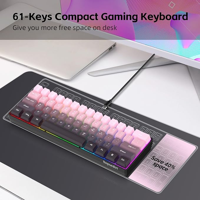 Snpurdiri 60% Wired Gaming Keyboard, Pink-Black | 61 Keys, RGB Backlit Ultra-Compact Small Gaming Keyboard for PC/Mac Gamer, Typist, Travel, Easy to Carry on Business Trip