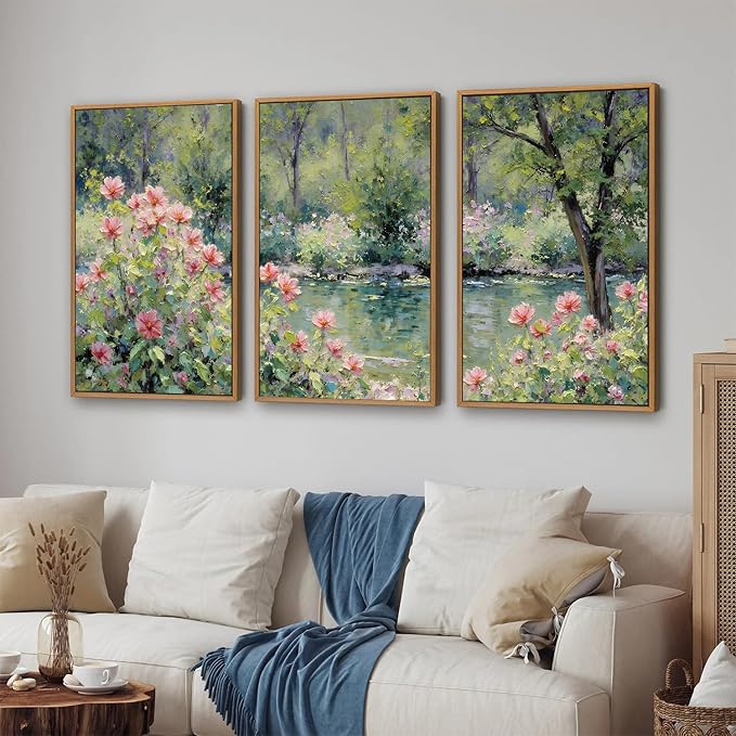 YeeHomedec Monet Botanical Framed Canvas Wall Art, Impressionist Floral Garden Wall Decor, Vintage Flower Pond Tree Artwork, Nature Landscape Art Paintings for Living Room Bedroom Bathroom 16"x24"x3