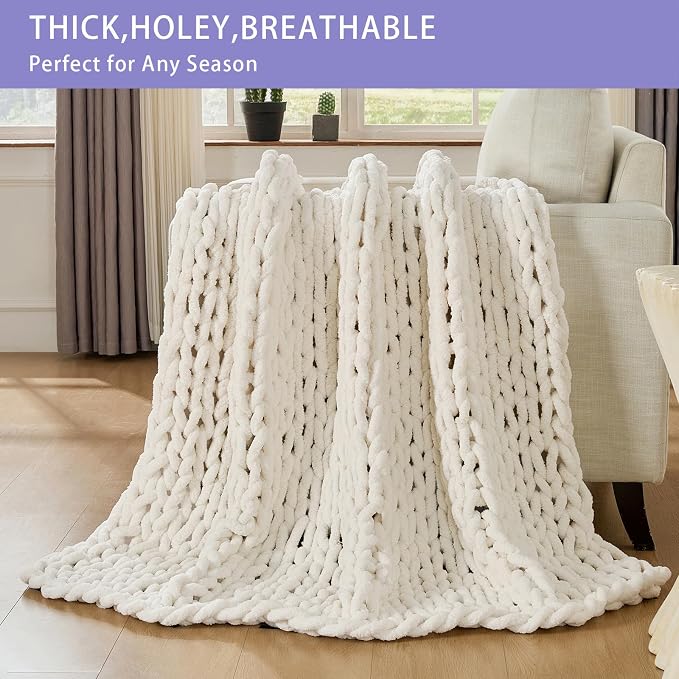 Bigacogo Chunky Knit Throw Blanket for Couch, 40x40 inches, Vintage White | Hand Knit with Jumbo Chenille, Soft Breathable Cable Knit for Sofa Bed Living Room, Machine Washable, Gift for Mom Friend