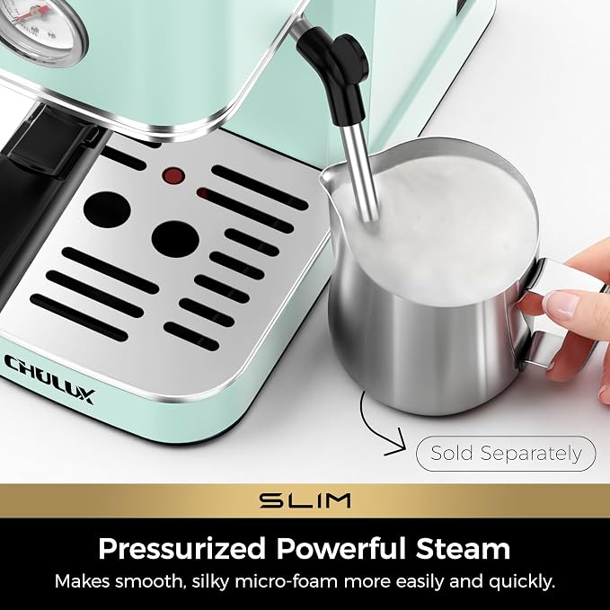 CHULUX Slim Espresso Machine with Milk Frother for Home Latte, Pastel Green | Precise Pressure Gauge, Food-Grade Materials, 20 Bar Italian Pump, Professional Temperature Control System, Stainless Steel