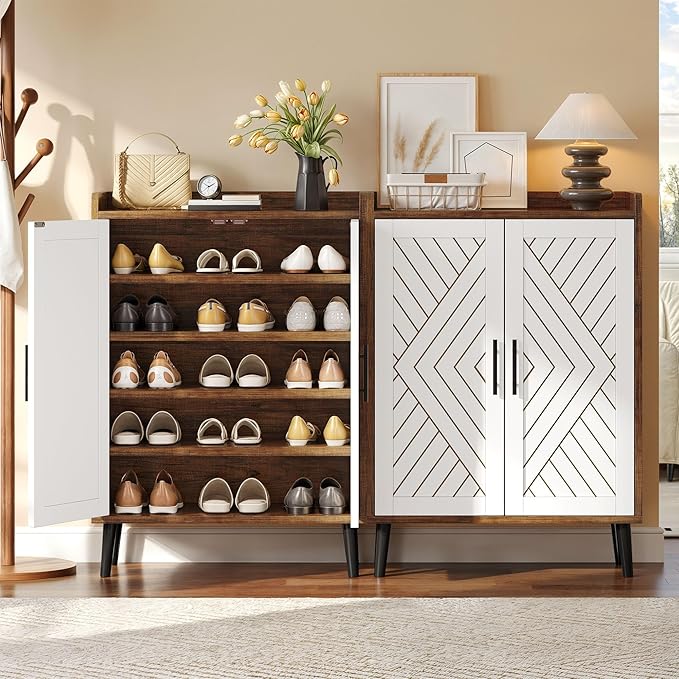 YITAHOME Shoe Cabinet with Doors, 5-Tier Shoe Storage Organizer with Adjustable Shelves, Modern Freestanding Wooden Shoe Rack Cabinet for Entryway, Hallway, Closet, Living Room, Brown & White