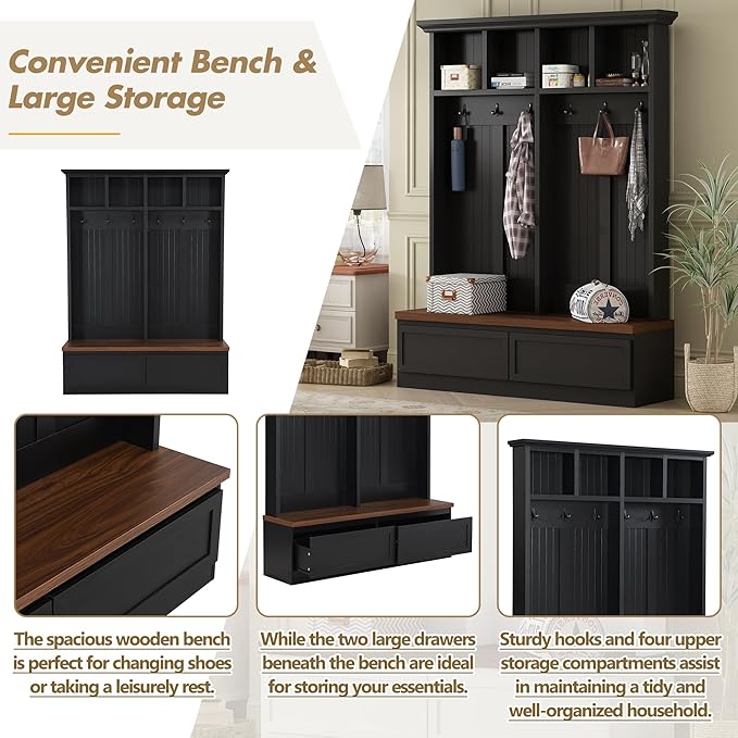 LUMISOL Mudroom Entryway Hall Tree with Storage Bench, 4-in-1 Farmhouse Coat Rack with Open Compartments and 2 Large Drawer for Entryway, Hallyway Shoe Cabinet with 6 Hanging Hooks, Black