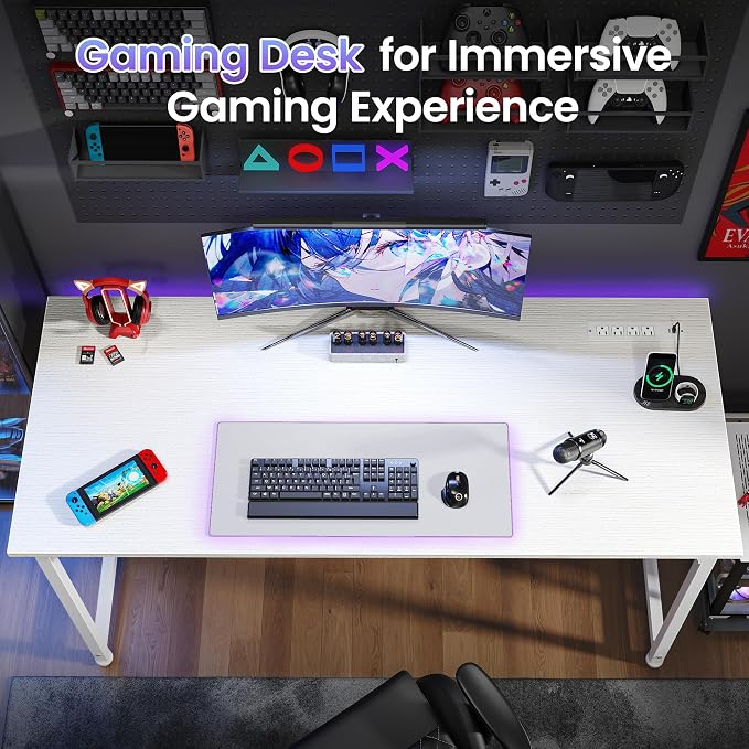 PRAISUN 55 X 20 Inch Computer Desk, Power Outlets, USB-C, White | Office Desk with 4 AC Outlets, USB & USB-C, Sturdy Metal Frame, Spacious Desktop for Work, Writing, Study & Gaming