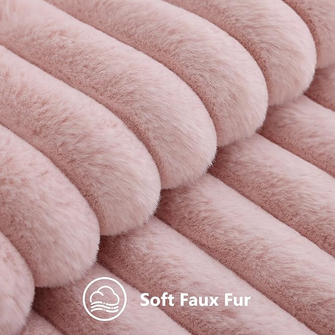 decorUhome Fall Faux Fur Throw Pillow Covers 18x18 Set of 2 Pink | Decorative Soft Cozy Striped Plush Modern Farmhouse Boho Couch Pillow Cases Velvet Back for Sofa Bed Living Room Home Decor