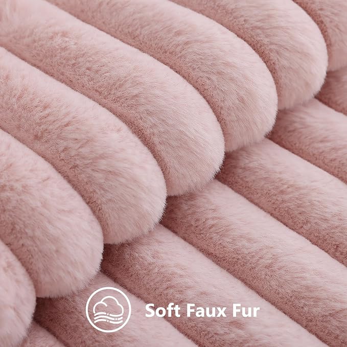 decorUhome Fall Faux Fur Throw Pillow Covers 16x16 Set of 2 Pink | Decorative Soft Cozy Striped Plush Modern Farmhouse Boho Couch Pillow Cases Velvet Back for Sofa Bed Living Room Home Decor