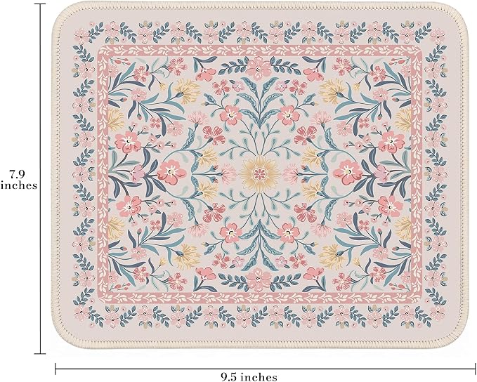 iCasso Aesthetic Small Mouse Pad, 9.5x7.9in,Home Office, Pink Floral | Pink Mini Portable Travel Mousepad, Anti-Slip and Comfortable Cloth Mouse Mat with Stitched Edges for Computer