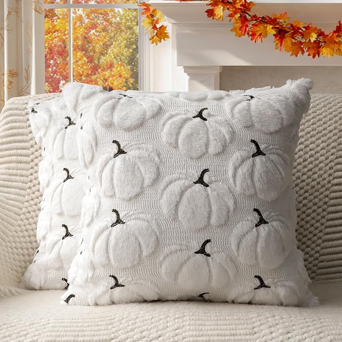 Fall Pumpkins Decorative Pillow Covers 18x18 Set of 2, White Soft Plush Faux Fur Wool Farmhouse Throw Cushion Cases for Autumn Thanksgiving Holiday Home Decorations