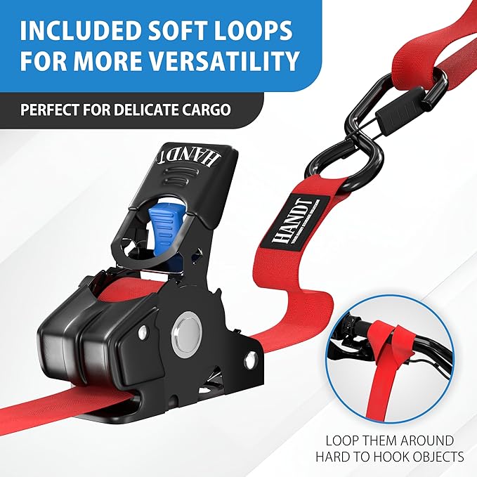 HandT USA Based Retractable Ratchet Straps (2PK) 1in x 6ft - 1,500lb Break Strength, Heavy Duty Automatic Ratchet Straps Self Retractable Tie Down, Push Button Retracting Truck Trailer Cargo | Red
