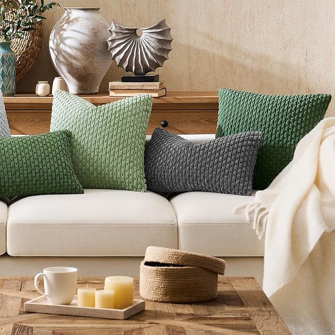 Kevin Textile Soft Corduroy 14"x36" Lumbar Pillow Cover 1 Pack, Dark Green | Boho Stripe Plush Corduroy Decorative Oblong Cushion Cover Modern Farmhouse Home Decor for Sofa Couch Bed Chair