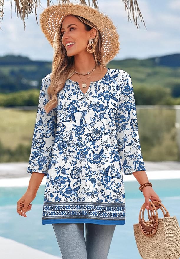 OFEEFAN Summer Boho Tops For Women 3/4 Length Sleeve Womens Tops Vacation Outfits