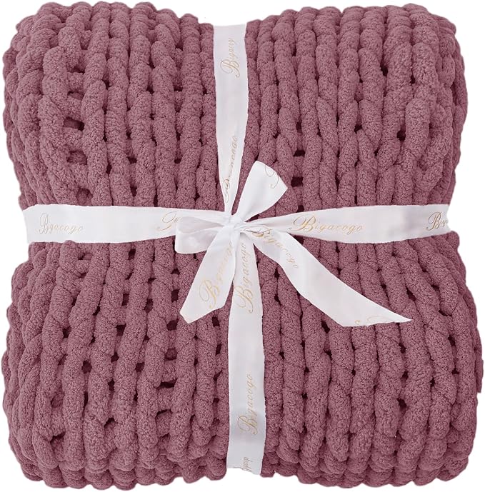 Bigacogo Chunky Knit Throw Blanket for Couch, 51x63 inches, Burnt Rose | Hand Knit with Jumbo Chenille, Soft Breathable Cable Knit for Sofa Bed Living Room, Machine Washable, Gift for Mom Friend