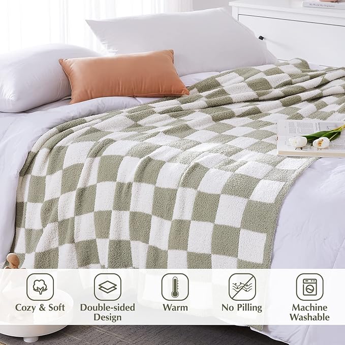 Soft Checkered Throw Blanket for Couch-Cozy Warm Knitted Blankets | Lightweight Warm Fluffy Decor for Women, Mom, Her & Girls, Sofa, Chair, Bed, 50x70in, Sage Green