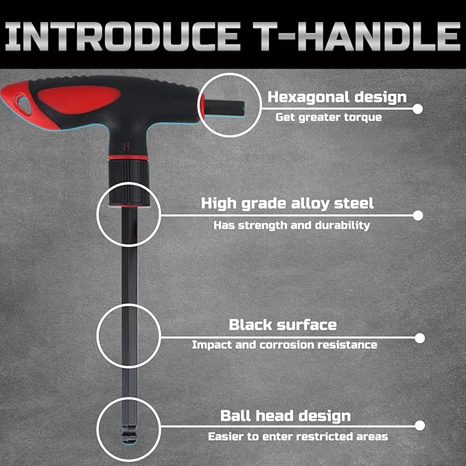 Lichamp 8 Pieces Metric T Handle Allen Wrench Set, 2-10 mm, Ball Head, Standard Long Tee Handle Allen Hex Key Set, Heavy Duty Excellent