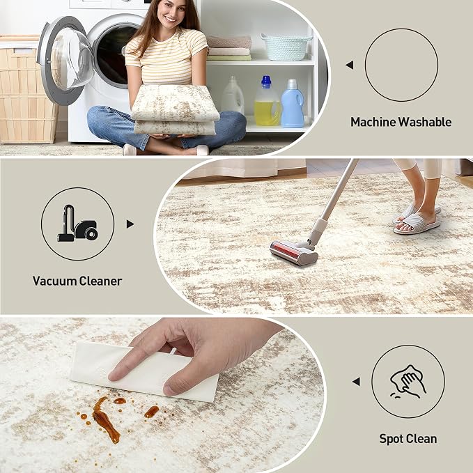 9x12 Area Rugs Washable Rug: Modern Abstract Living Room Rug Soft Anti-Skid Thin Carpet Indoor Floor Non-Shedding Carpets for Bedroom Dining Room Farmhouse Nursery Home Office Beige Grey